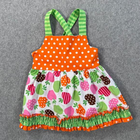 Rare Editions Apple Shirt Ruffle Smocked Girls 3T Orange Green Pink Polka Dot - Picture 2 of 7
